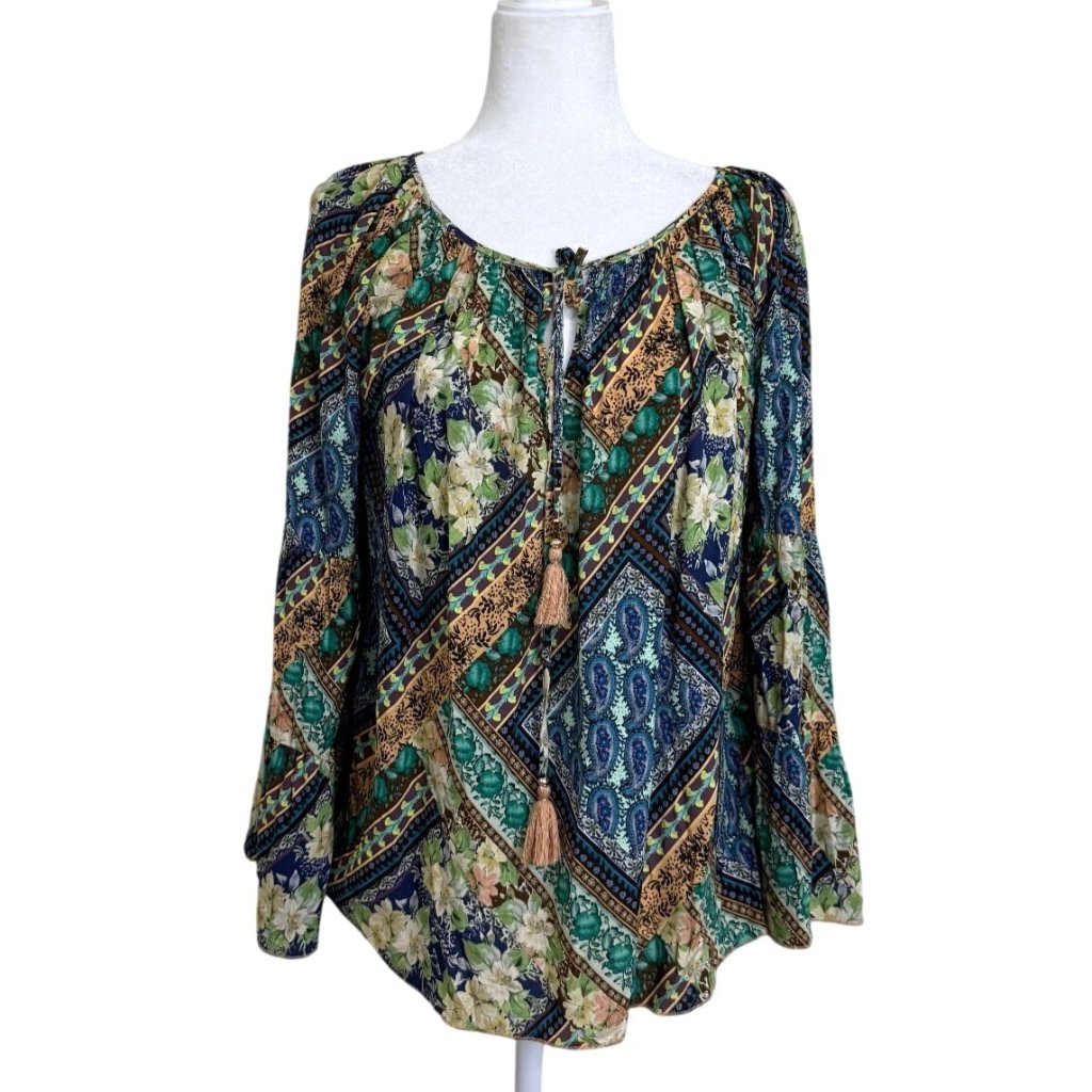 Johnny Was Size S Jade Miza Patchwork Blouse Peasant Boho Top Long Sleeve Tassel